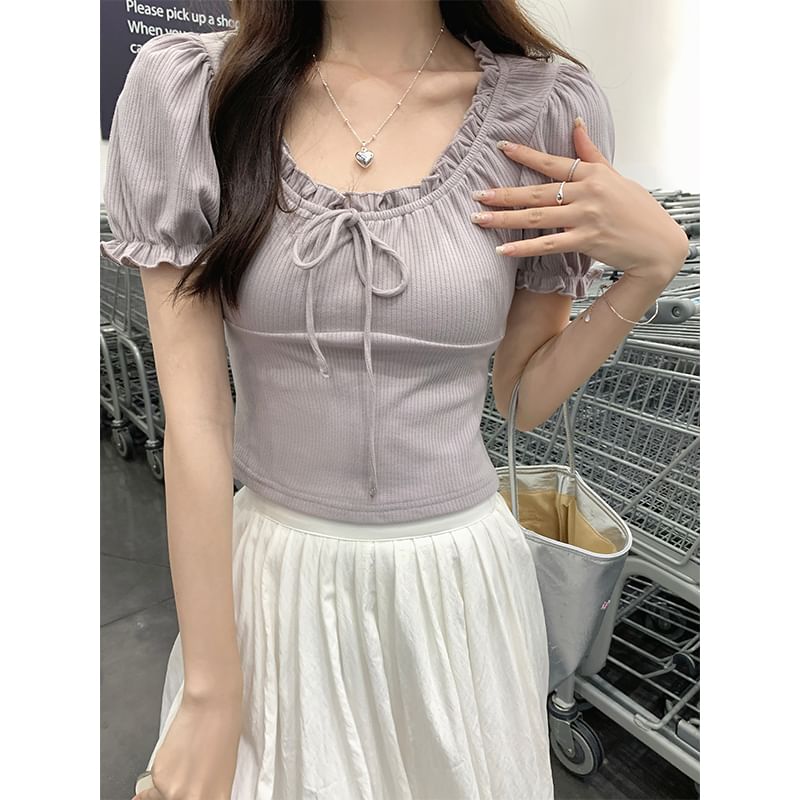 Puff-Sleeve Scoop Neck Plain Bow Tee SpreePicky