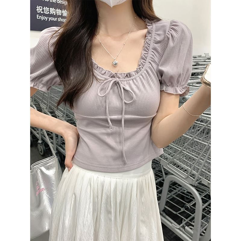 Puff-Sleeve Scoop Neck Plain Bow Tee SpreePicky