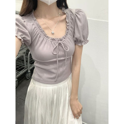 Puff-Sleeve Scoop Neck Plain Bow Tee SpreePicky