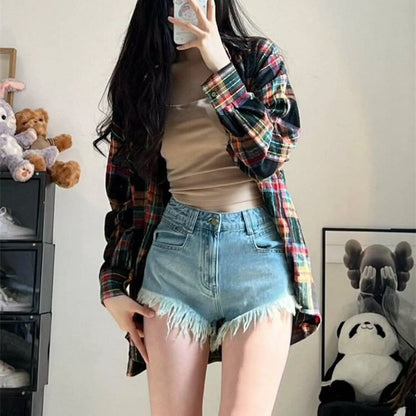 High Waist Fringed Washed Denim Hot Pants SpreePicky