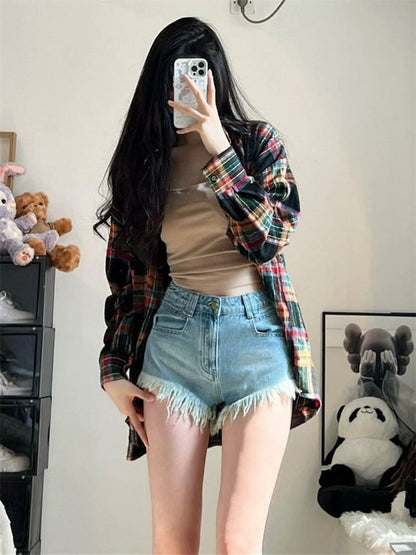 High Waist Fringed Washed Denim Hot Pants SpreePicky