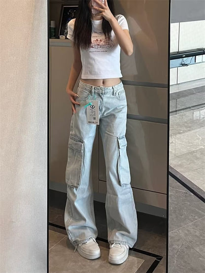 Low Rise Washed Wide Leg Cargo Jeans SpreePicky