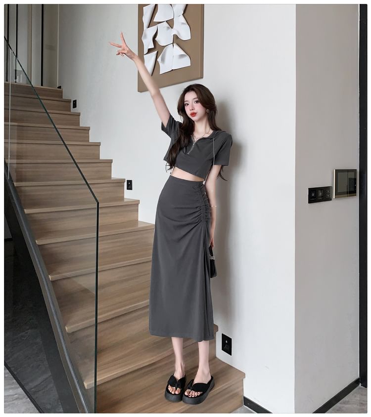 Set: Short-Sleeve Plain Hooded Cropped Tee + High Rise Side-Slit Midi Pencil Skirt SpreePicky