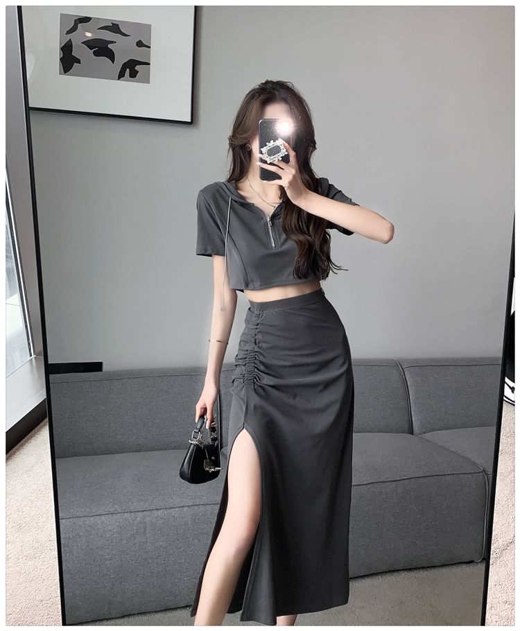 Set: Short-Sleeve Plain Hooded Cropped Tee + High Rise Side-Slit Midi Pencil Skirt SpreePicky