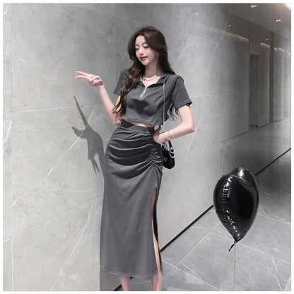 Set: Short-Sleeve Plain Hooded Cropped Tee + High Rise Side-Slit Midi Pencil Skirt SpreePicky