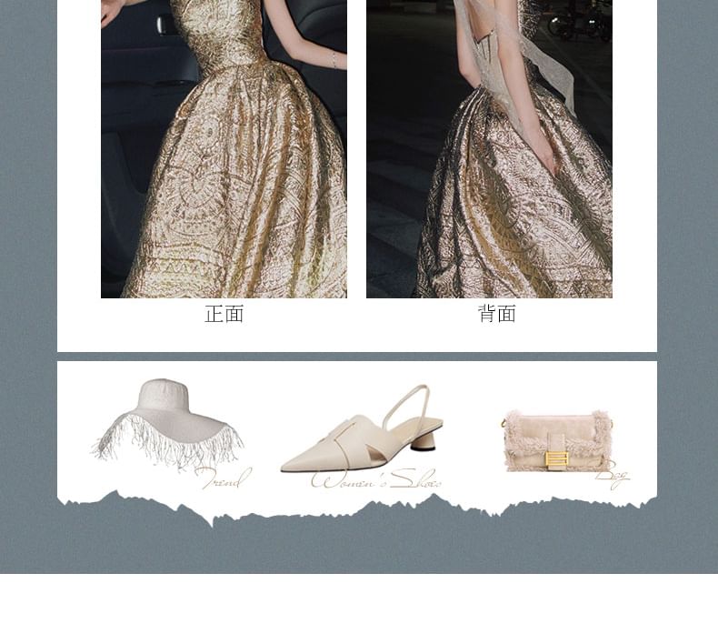 Strapless Patterned A-Line Gown Evening Jacquard FashionChic