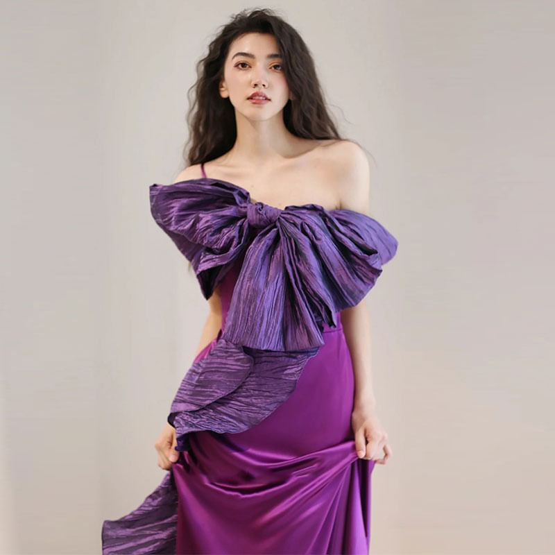 Spaghetti Strap One-Shoulder Two Tone Bow Accent Ruffle Trim A-Line Satin Evening Gown SpreePicky