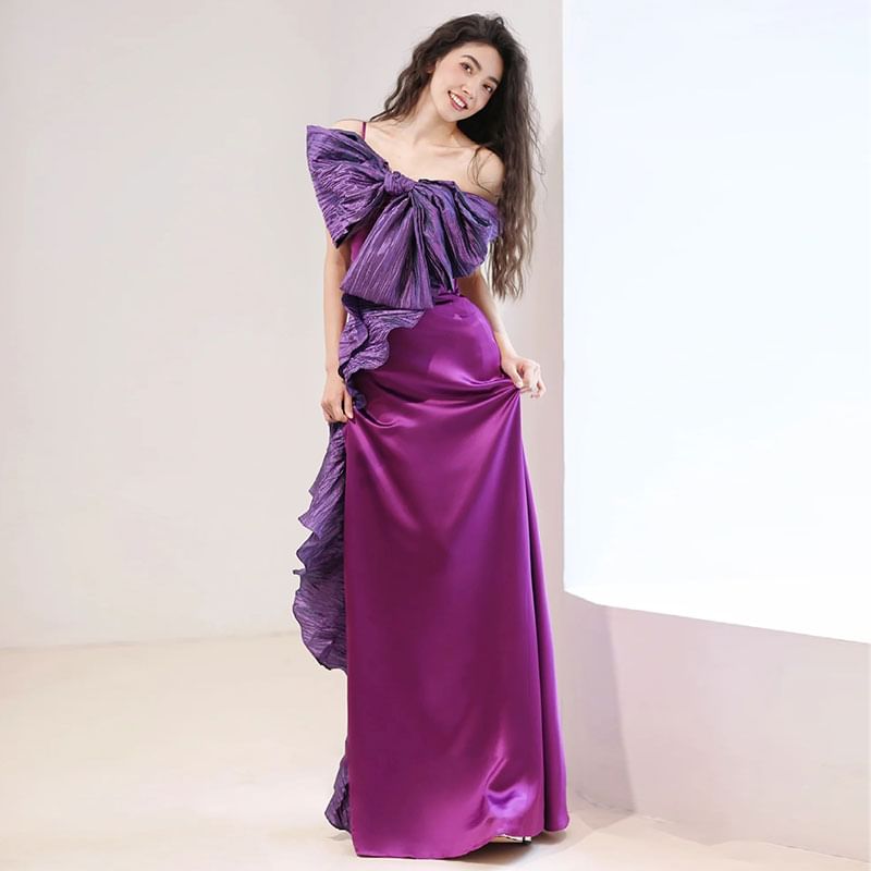 Spaghetti Strap One-Shoulder Two Tone Bow Accent Ruffle Trim A-Line Satin Evening Gown SpreePicky