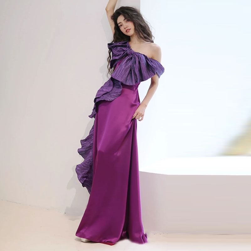 Spaghetti Strap One-Shoulder Two Tone Bow Accent Ruffle Trim A-Line Satin Evening Gown SpreePicky