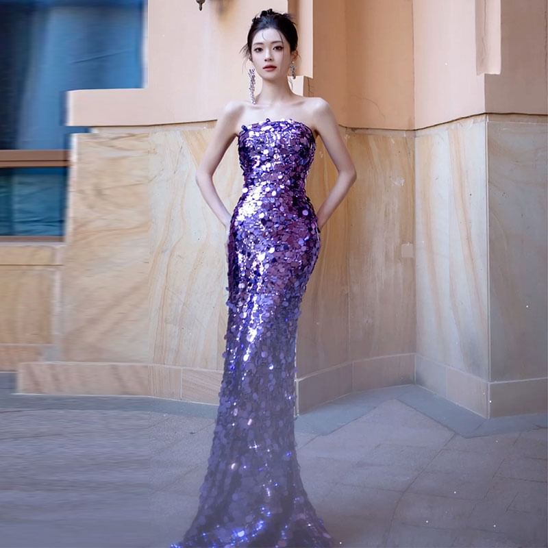 Strapless Plain Sequin Mermaid Evening Gown SpreePicky