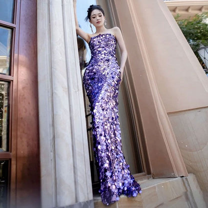 Strapless Plain Sequin Mermaid Evening Gown SpreePicky