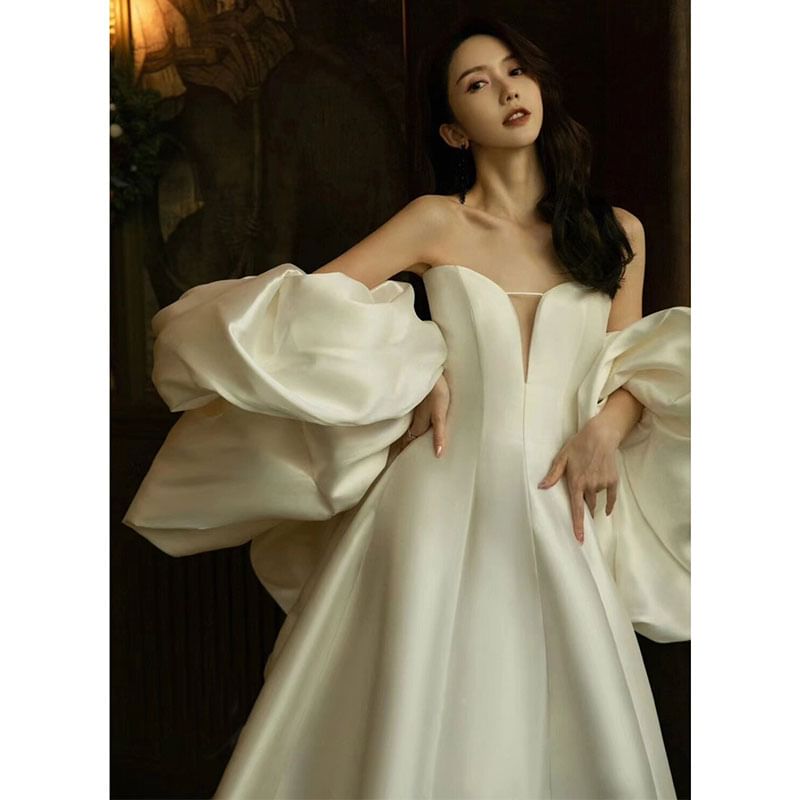 Set: Strapless Sweetheart Neckline Plain Trained Satin A-Line Ball Gown + Shawl SpreePicky