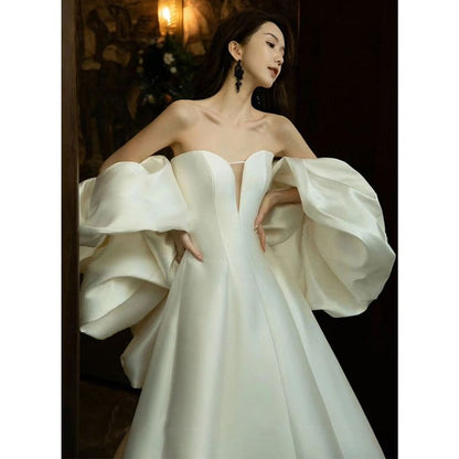 Set: Strapless Sweetheart Neckline Plain Trained Satin A-Line Ball Gown + Shawl SpreePicky