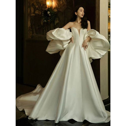 Set: Strapless Sweetheart Neckline Plain Trained Satin A-Line Ball Gown + Shawl SpreePicky