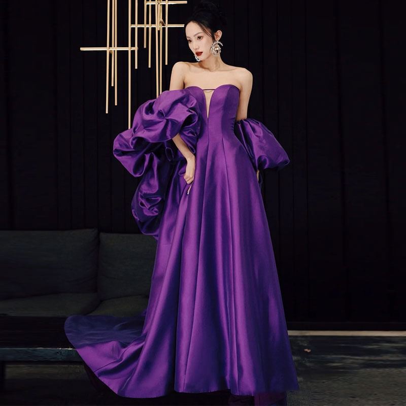 Set: Strapless Sweetheart Neckline Plain Trained Satin A-Line Ball Gown + Shawl SpreePicky