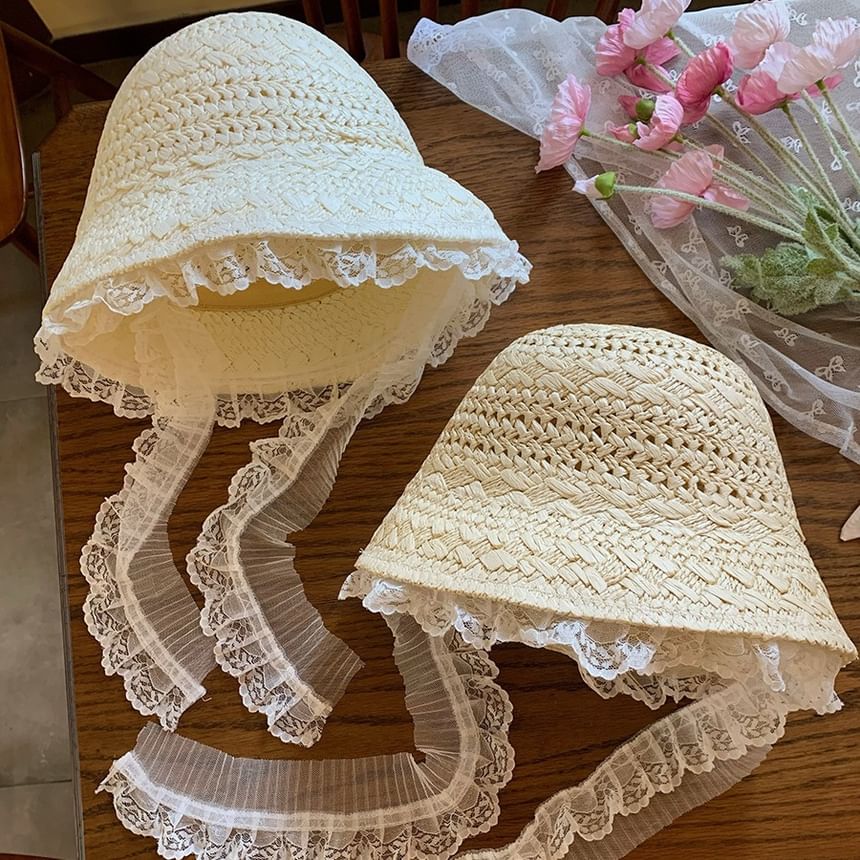 Lace Trim Straw Bucket Hat SpreePicky