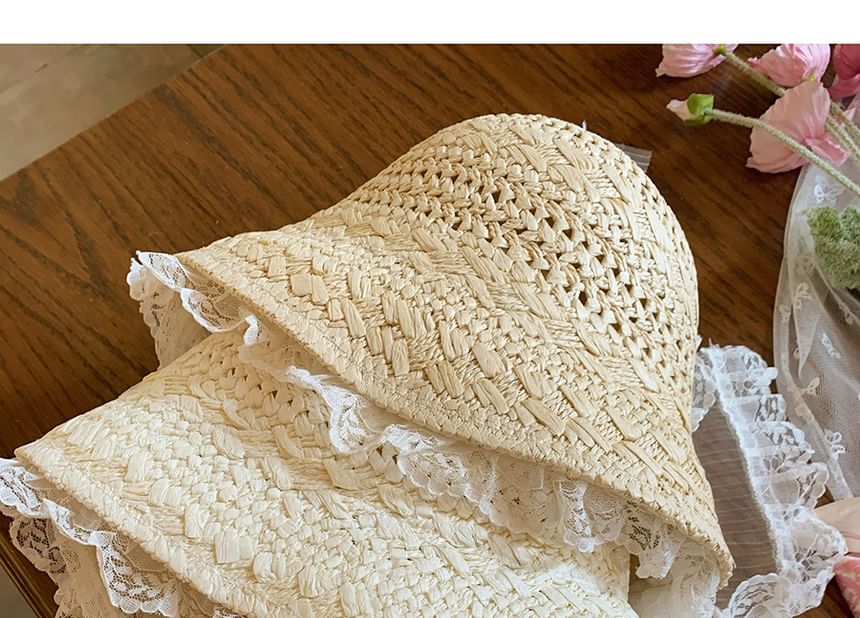 Lace Trim Straw Bucket Hat SpreePicky