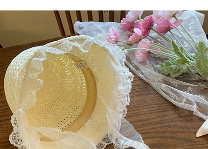 Lace Trim Straw Bucket Hat SpreePicky