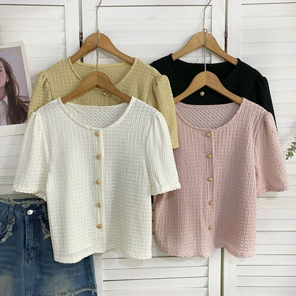 Short-Sleeve V-Neck Button-Up Top mySite