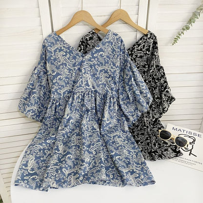 Elbow-Sleeve V-Neck Print Mini A-Line Dress mySite