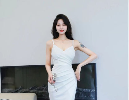 Spaghetti Strap V-Neck Plain Slit Mermaid Evening Gown SpreePicky