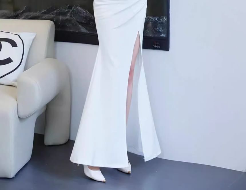 Spaghetti Strap V-Neck Plain Slit Mermaid Evening Gown SpreePicky