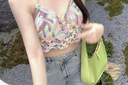 Patterned Crochet Cropped Halter Top SpreePicky