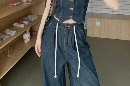 Set: Denim Button-Up Cropped Halter Top + High Waist Wide Leg Jeans SpreePicky