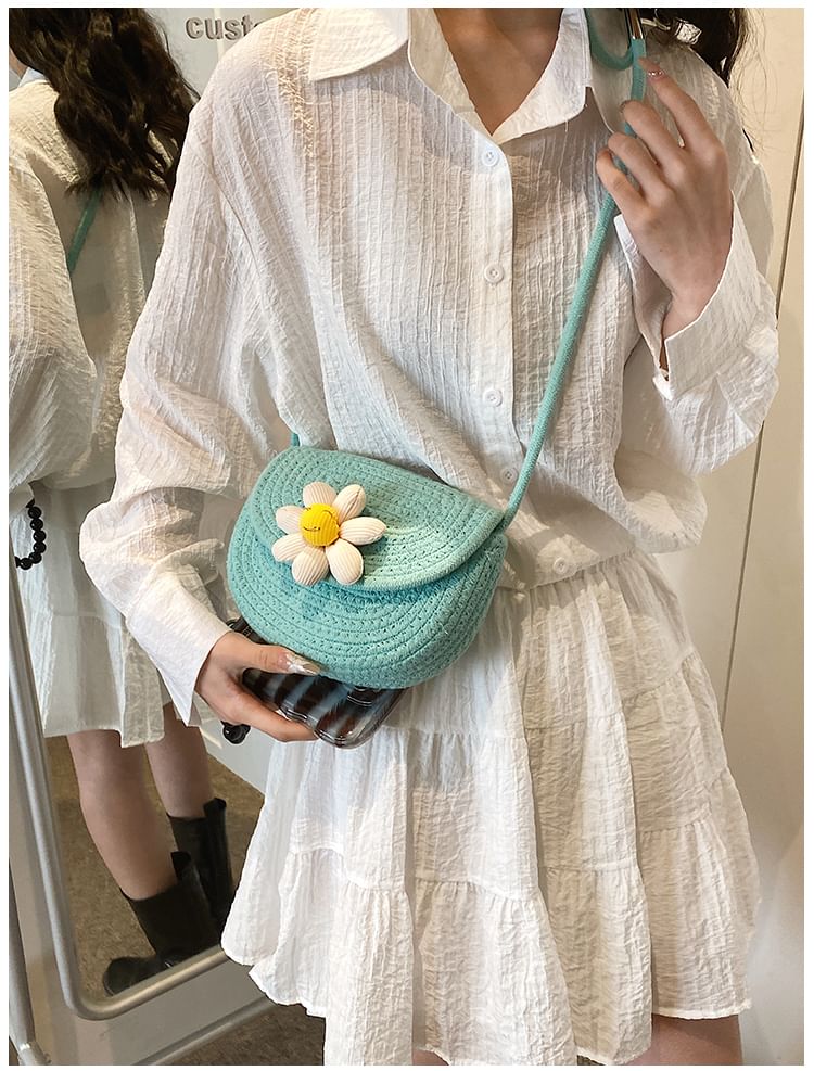 Floral Accent Woven Saddle Crossbody Bag SpreePicky