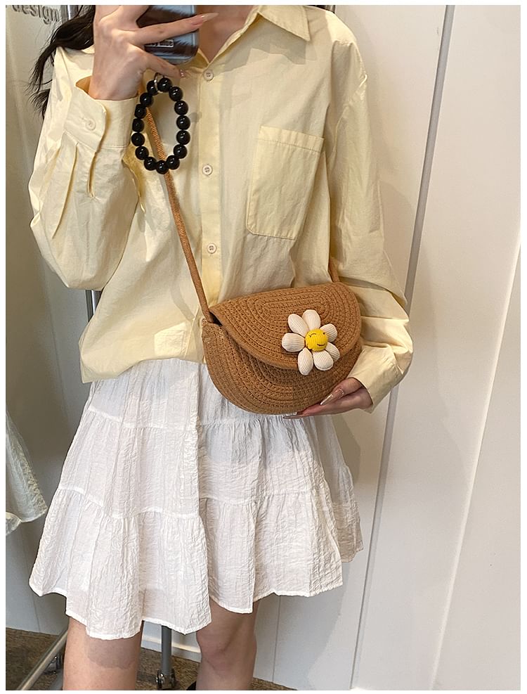 Floral Accent Woven Saddle Crossbody Bag SpreePicky