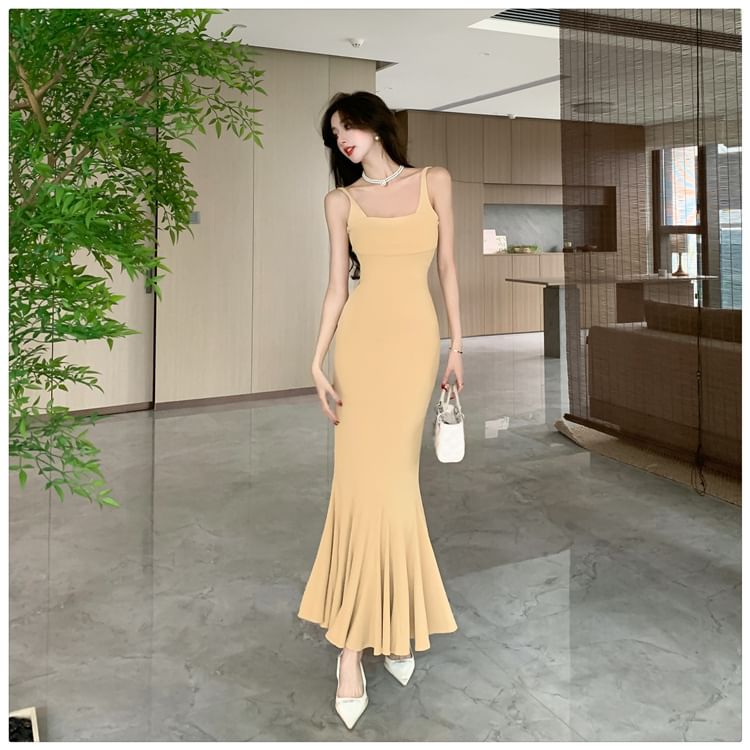 Sleeveless Square Neck Plain Open Back Maxi Mermaid Dress SpreePicky