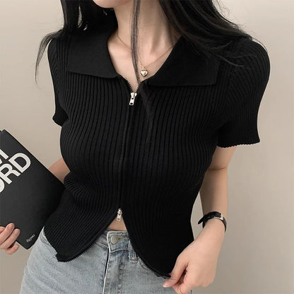 Short-Sleeve Collared Plain Zip Knit Top SpreePicky