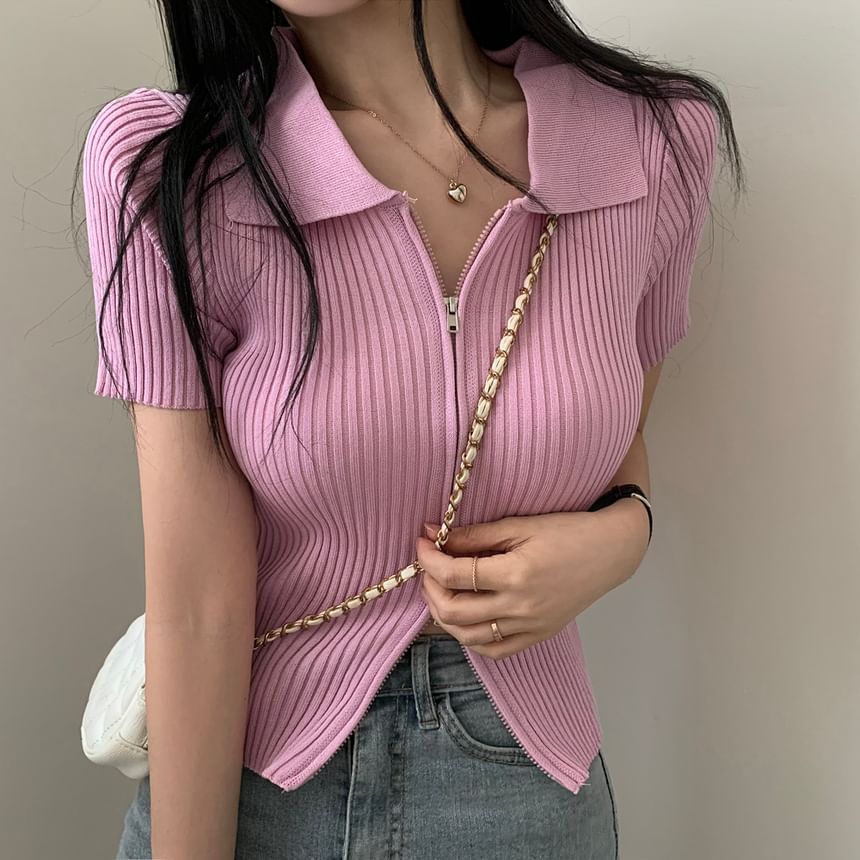 Short-Sleeve Collared Plain Zip Knit Top SpreePicky