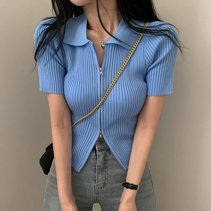 Short-Sleeve Collared Plain Zip Knit Top SpreePicky