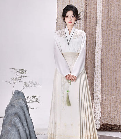 Traditional Chinese Long-Sleeve Top / Pleated Maxi A-Line Skirt SpreePicky