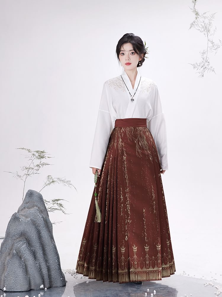 Traditional Chinese Long-Sleeve Top / Pleated Maxi A-Line Skirt SpreePicky