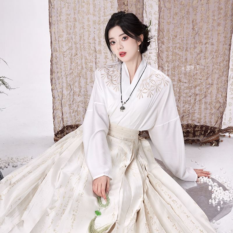 Traditional Chinese Long-Sleeve Top / Pleated Maxi A-Line Skirt SpreePicky