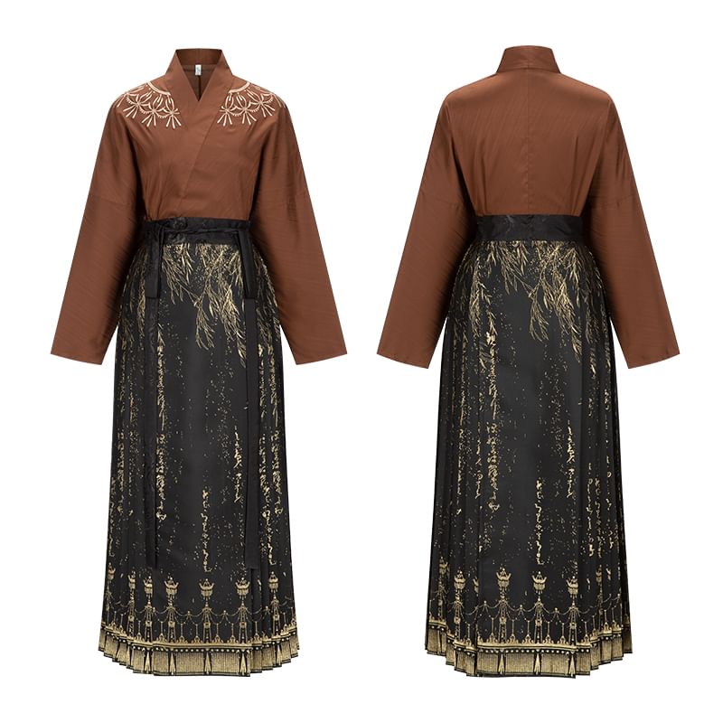 Traditional Chinese Long-Sleeve Top / Pleated Maxi A-Line Skirt SpreePicky