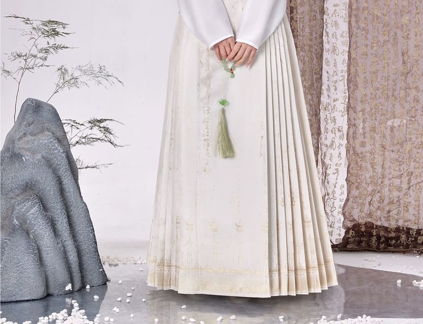 Traditional Chinese Long-Sleeve Top / Pleated Maxi A-Line Skirt SpreePicky