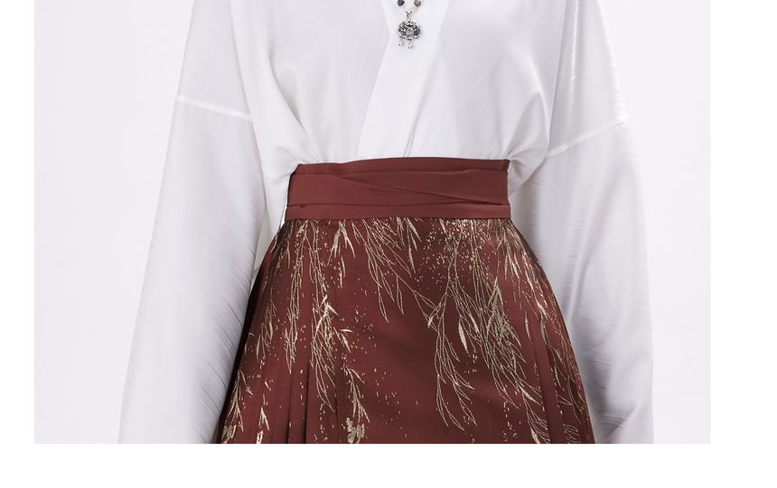 Traditional Chinese Long-Sleeve Top / Pleated Maxi A-Line Skirt SpreePicky