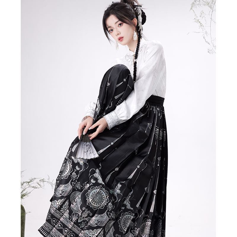 Traditional Chinese Long-Sleeve Top / Print Maxi A-Line Pleated Skirt / Set SpreePicky