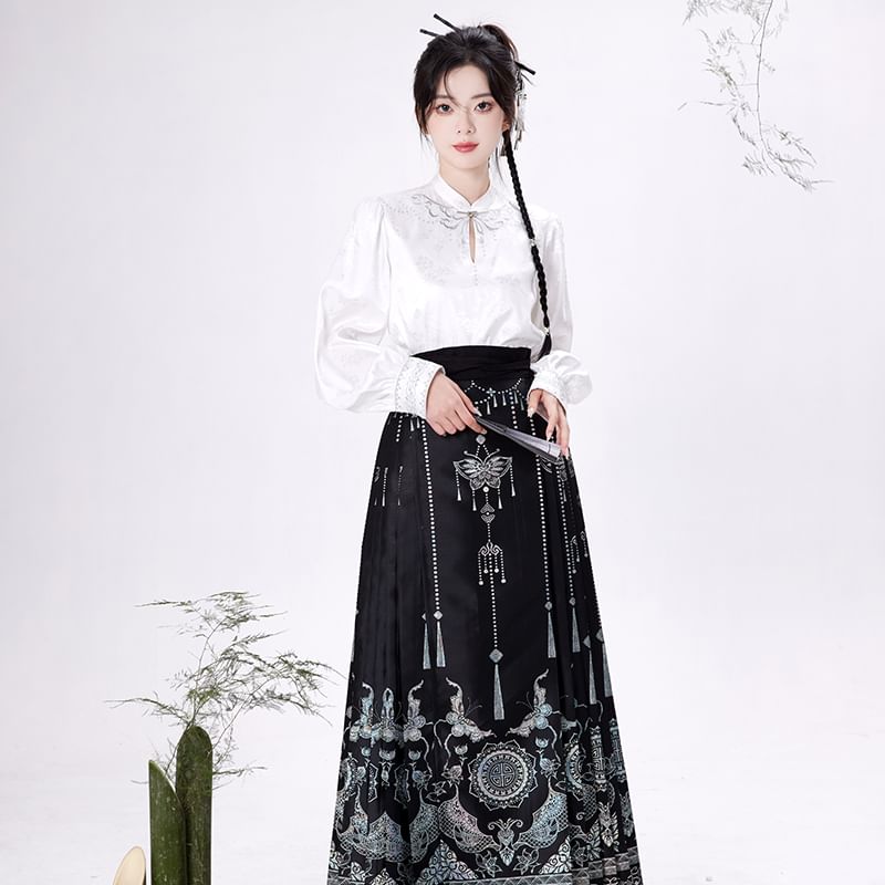 Traditional Chinese Long-Sleeve Top / Print Maxi A-Line Pleated Skirt / Set SpreePicky