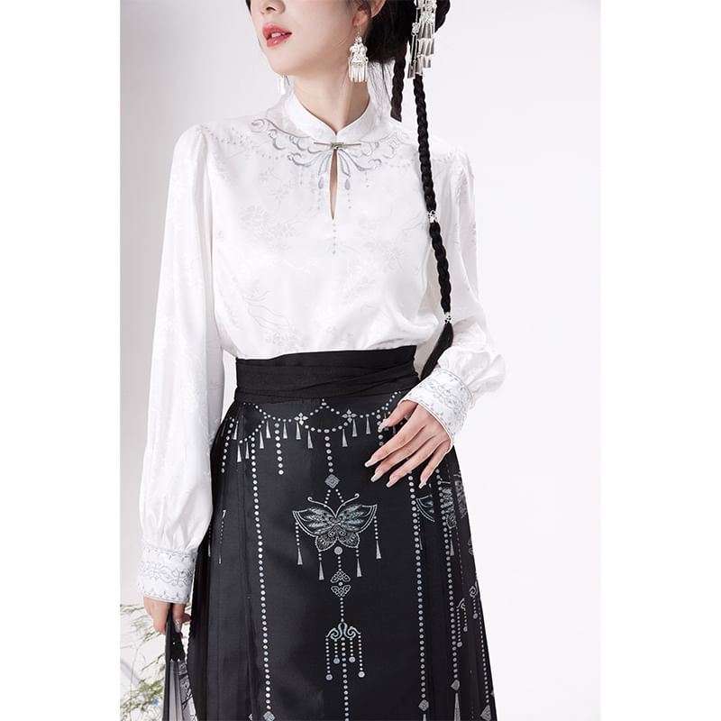 Traditional Chinese Long-Sleeve Top / Print Maxi A-Line Pleated Skirt / Set SpreePicky