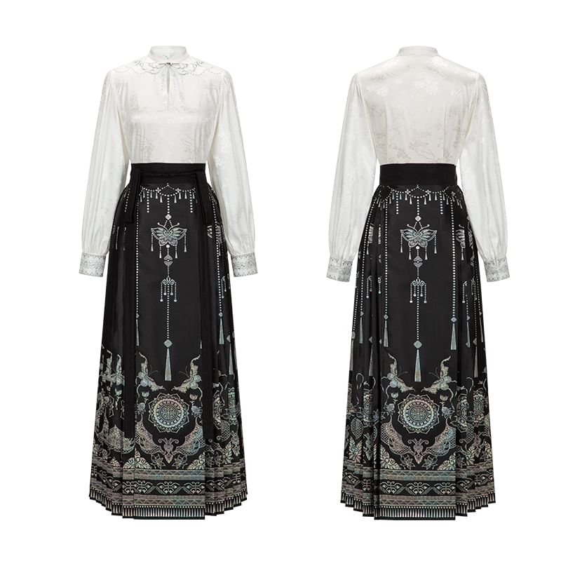 Traditional Chinese Long-Sleeve Top / Print Maxi A-Line Pleated Skirt / Set SpreePicky