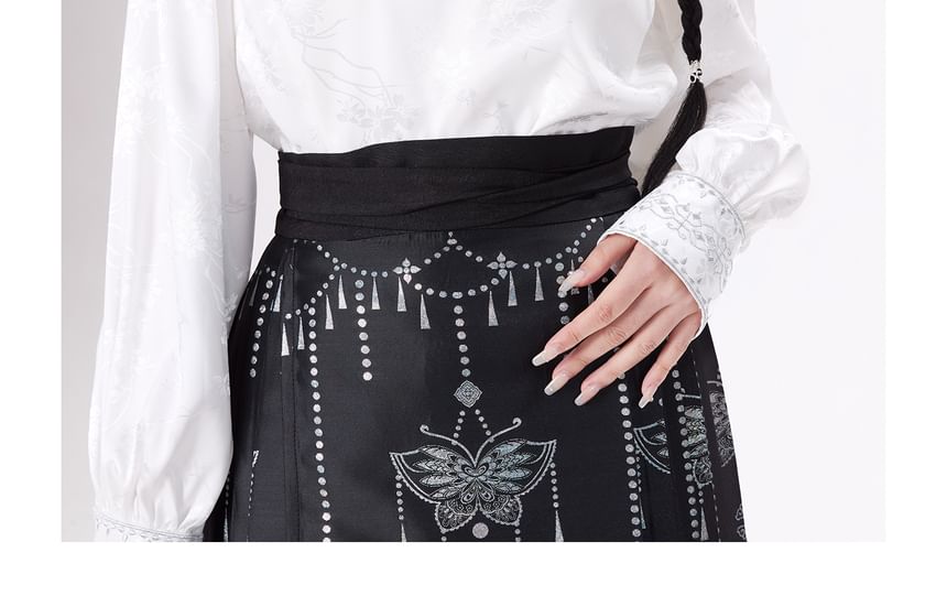 Traditional Chinese Long-Sleeve Top / Print Maxi A-Line Pleated Skirt / Set SpreePicky