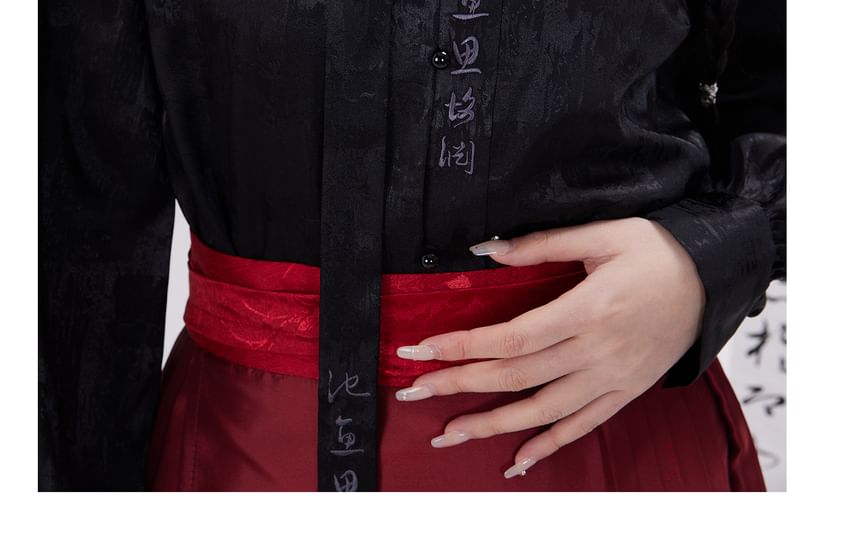 Traditional Chinese Long-Sleeve Top / Chinese Character Maxi Pleated A-Line Skirt / Hair Tie / Set SpreePicky