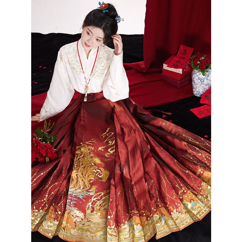 Traditional Chinese Long-Sleeve Top / Print Maxi A-Line Pleated Skirt / Necklace / Set SpreePicky