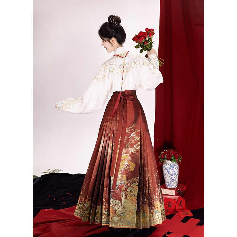 Traditional Chinese Long-Sleeve Top / Print Maxi A-Line Pleated Skirt / Necklace / Set SpreePicky