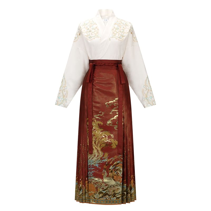 Traditional Chinese Long-Sleeve Top / Print Maxi A-Line Pleated Skirt / Necklace / Set SpreePicky