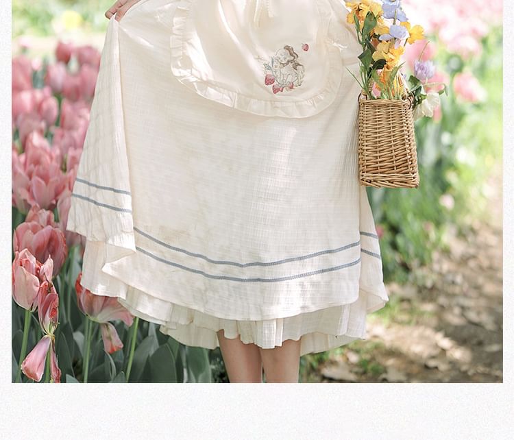 Mock Two-Piece Puff-Sleeve Square-Neck Ruffled Floral Embroidered Midi A-Line Dress / Embroidered Apron / Scarf / Set SpreePicky